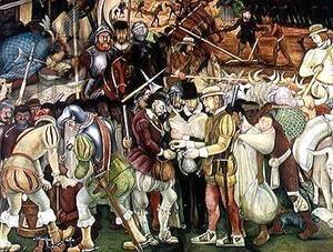Diego Rivera - The Conquest or Arrival of Hernan Cortes in Veracruz, from the cycle Pre-Hispanic and Colonial Mexico,  1951