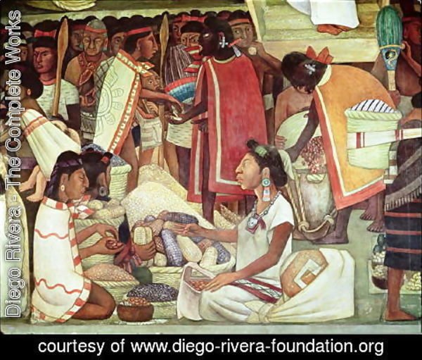 Diego Rivera - The Great City of Tenochtitlan, detail of women selling maize, 1945