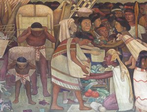 Diego Rivera - The Great City of Tenochtitlan, detail of a woman selling vegetables, 1945