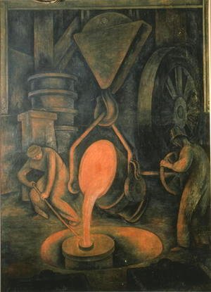 Diego Rivera - The Foundry,  Pouring the Crucible, from the Court of Labour, 1923