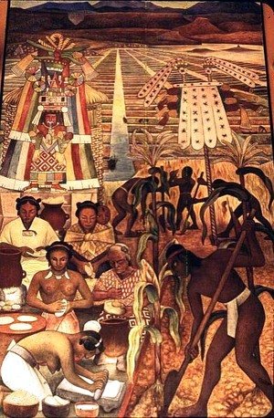 The Huastec Civilisation, detail showing the cultivation of the millenarian plant and natives making various corn dishes, 1950