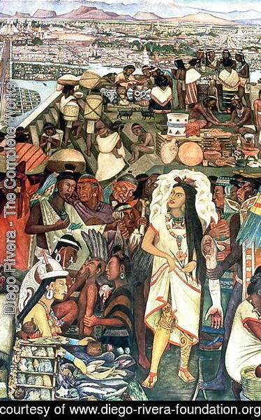 Diego Rivera - The Market of Tlatelolco including Dona Marina figure, part of the series, Epic of the Mexican People,  1929-35