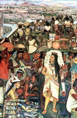 Diego Rivera - The Market of Tlatelolco including Dona Marina figure, part of the series, Epic of the Mexican People,  1929-35