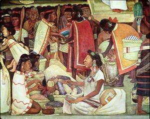 Diego Rivera - The Great City of Tenochtitlan, detail of women selling maize, 1945