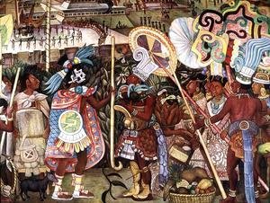 Diego Rivera - The Culture of Totonaken, detail of Totonac nobility trading with Aztec merchants 1950