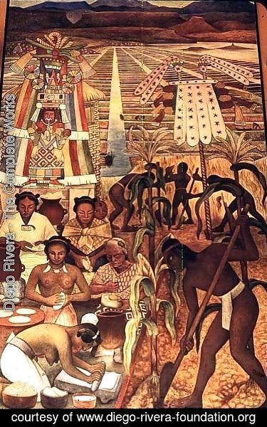 The Huastec Civilisation, detail showing the cultivation of the millenarian plant and natives making various corn dishes, 1950