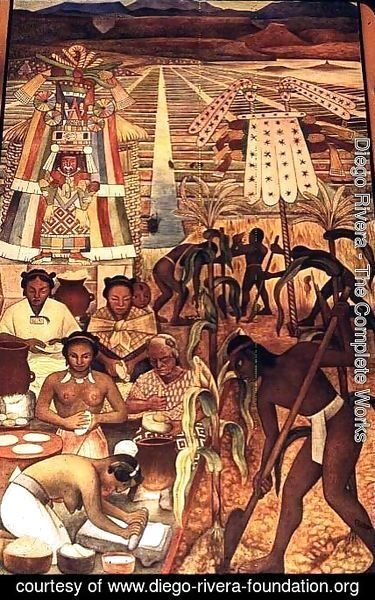 Diego Rivera - The Huastec Civilisation, detail showing the cultivation of the millenarian plant and natives making various corn dishes, 1950